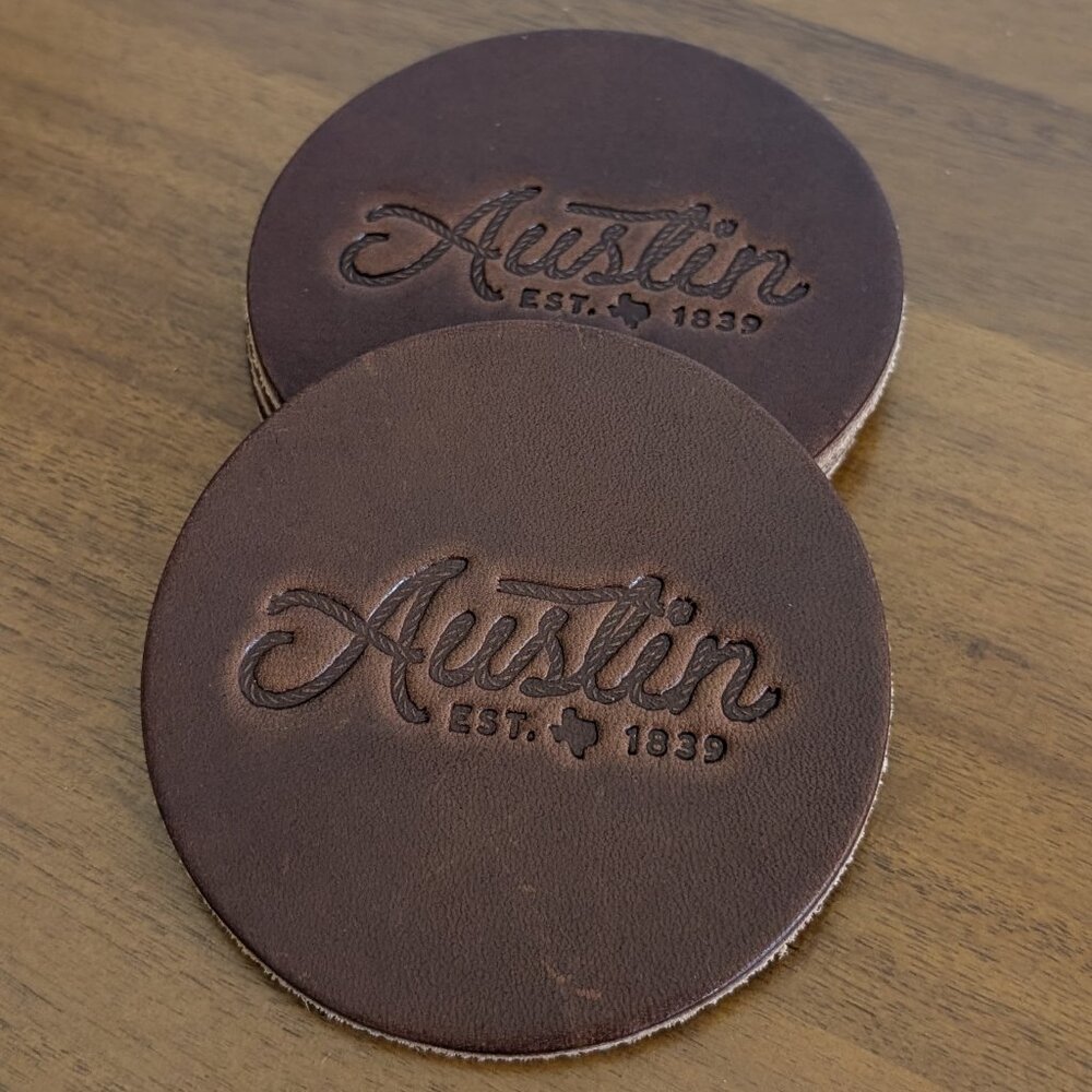 Made in USA Genuine Leather Coaster Set (4) – “Austin Est. 1839” – Dark Brown